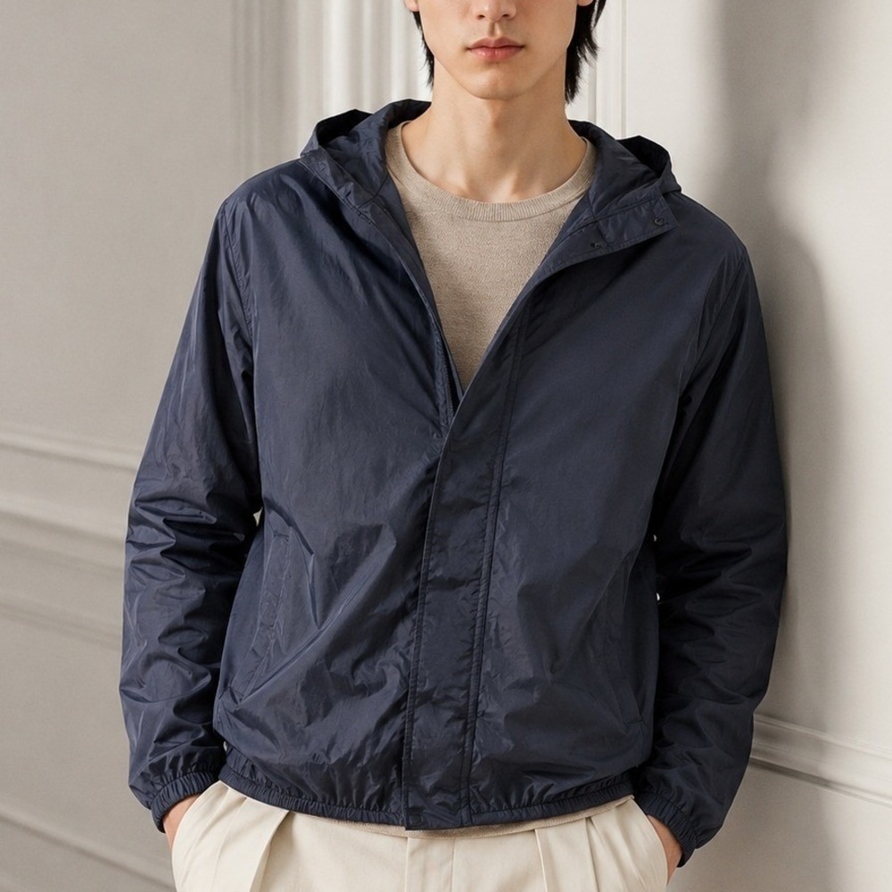 Vtg GANT Rugger Nylon Poplin Hooded Windbreaker Zip Jacket Men L Navy Blue Relax